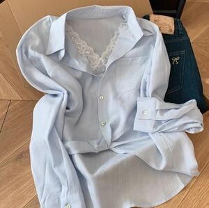 Light Blue Lace Insert Pocket Shirt